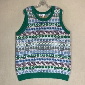 SNS Sweater Mens L Multicolor Floral Knit Fairsle Vest Round‎ Neck Wool Blend